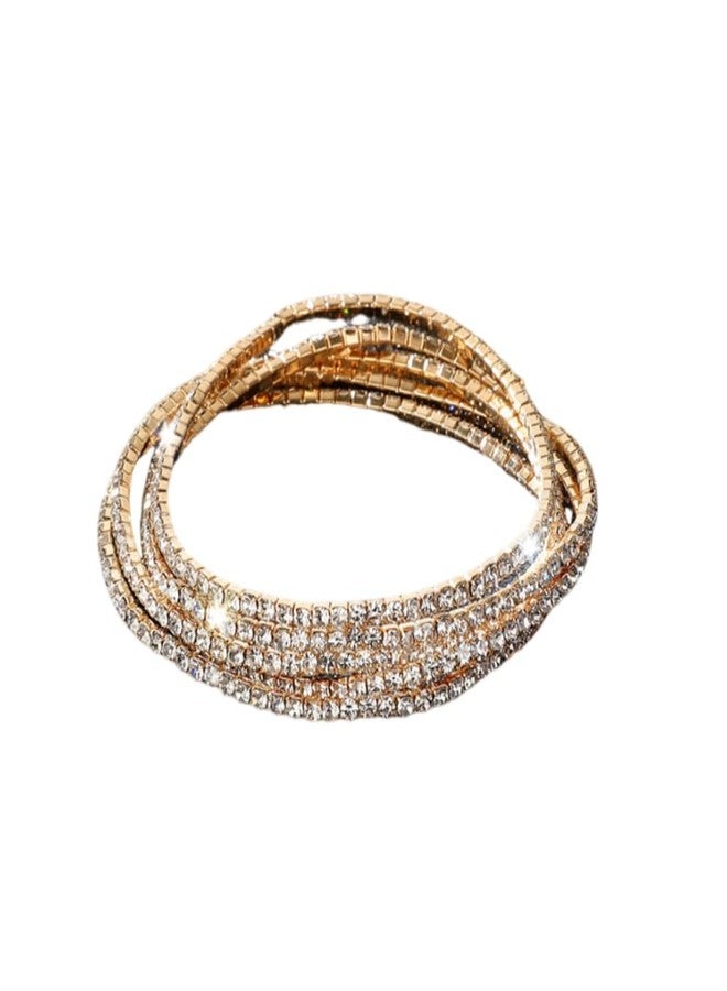 DATOA 10Pcs Sparkling Rhinestone Stretch Tennis Bracelets Set Fashion Stackable Crystal Elastic Bracelet Shining Wedding Party Jewelry-Gold - Image 1